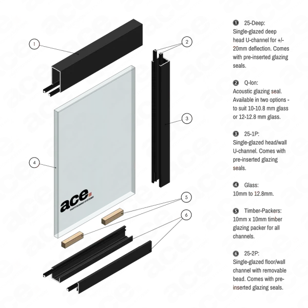 single-glazed, one part aluminium profile set for glass partitioning scheme